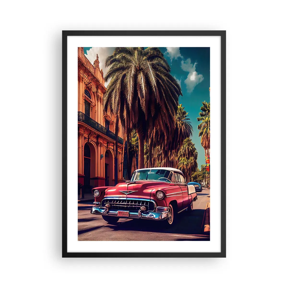 Plakát v černém rámu - Klasické auto na pozadí tropického města - 50x70cm - Pořád ještě v Havaně - Moderní nástěnná dekorace do obývacího pokoje a ložnice ARTTOR