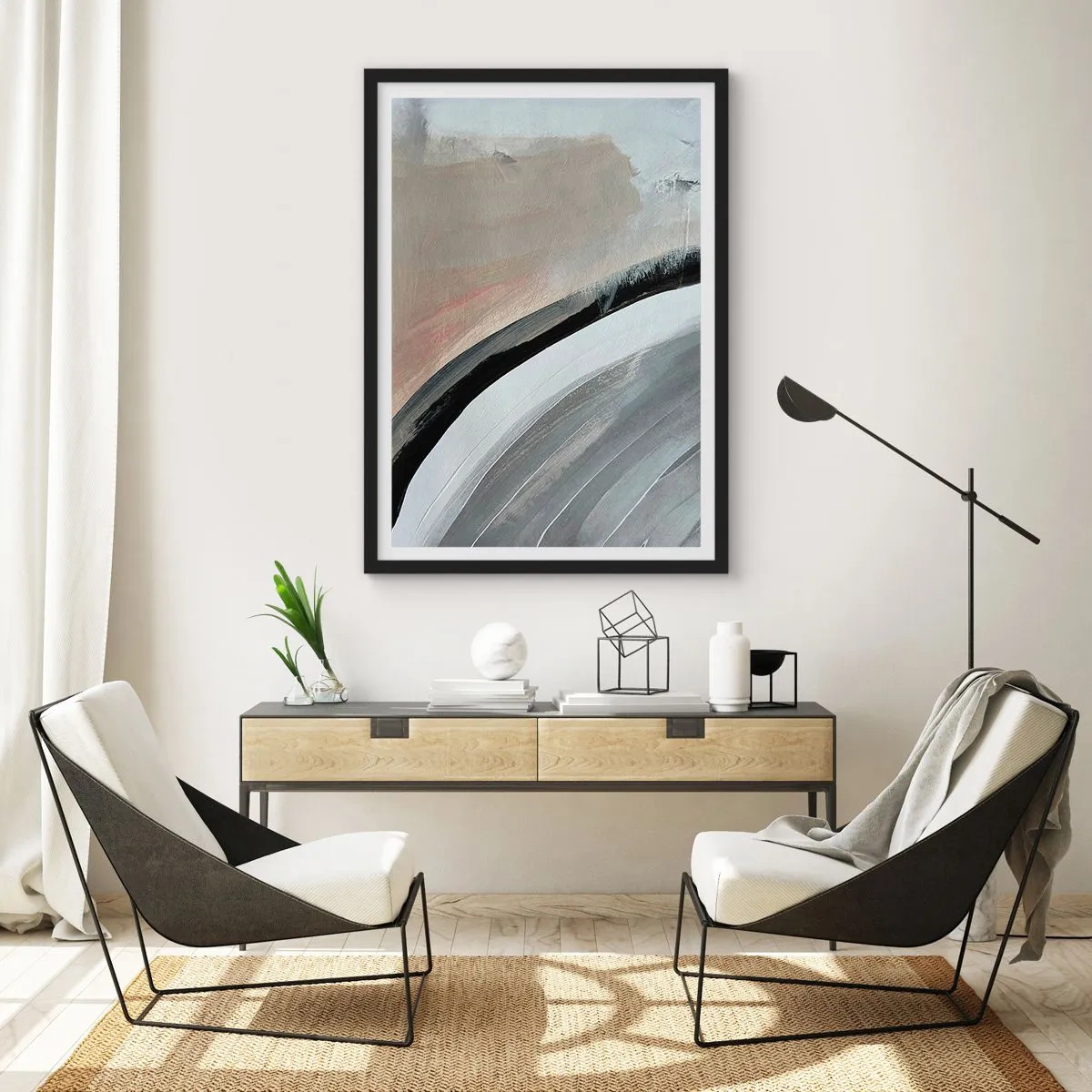 Plakát v černém rámu - Abstraktní kompozice s liniemi v odstínech šedé a béžové. - 50x70cm - Kompozice: černý a šedý oblouk - Moderní nástěnná dekorace do obývacího pokoje a ložnice ARTTOR
