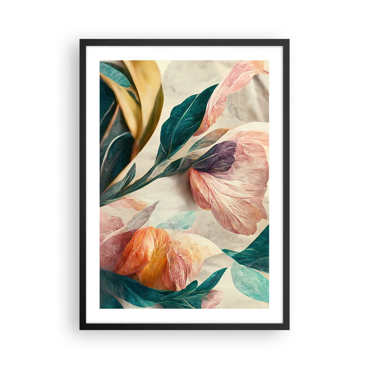 Plakát v černém rámu - Barevné květy a listy v umělecké kompozici - 50x70cm - Květiny jižních ostrovů - Moderní nástěnná dekorace do obývacího pokoje a ložnice ARTTOR