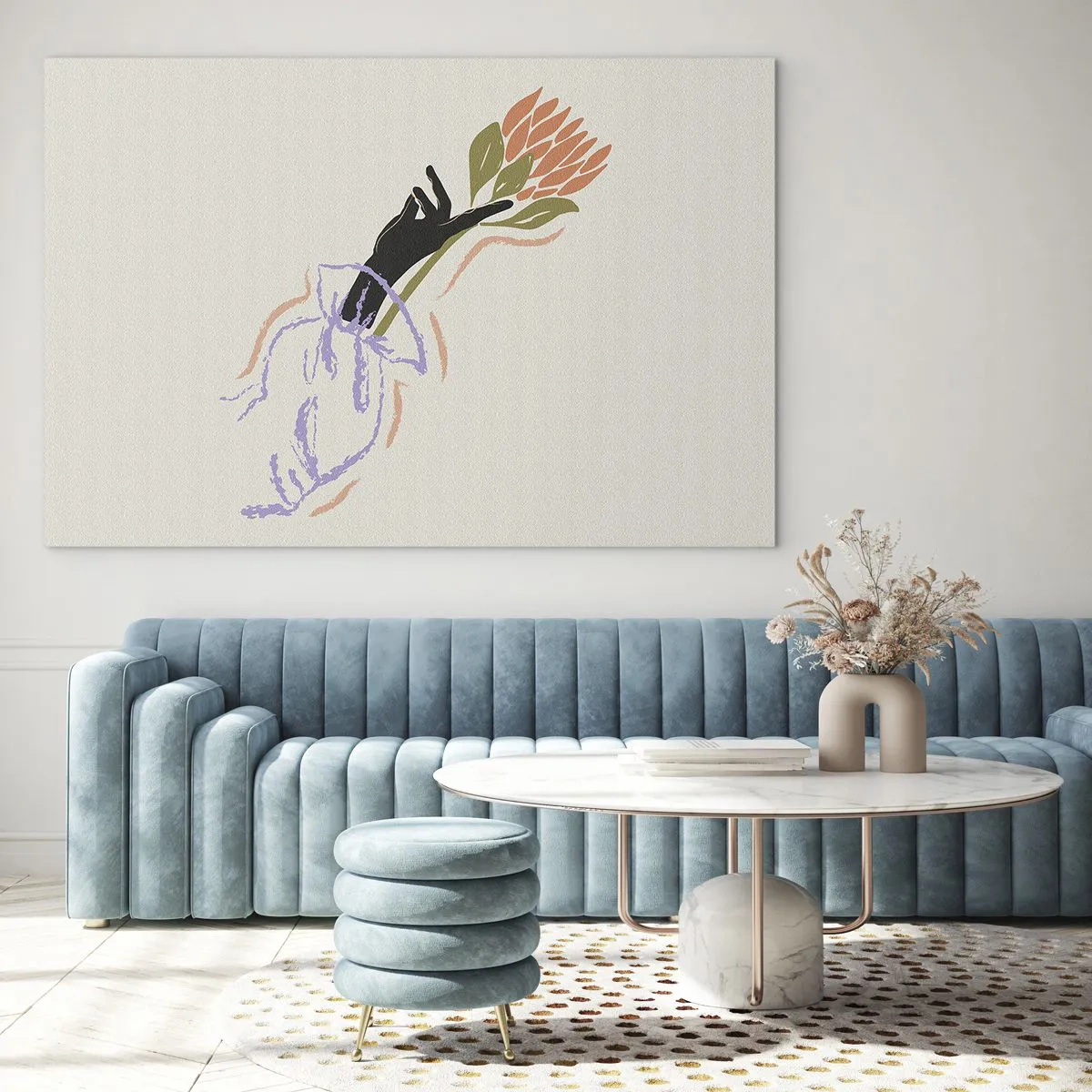 Obraz na skle - Stylizovaná ruka s kyticí květin nakreslenou pastelovými čarami. - 70x50cm - Sesterský dotek - Moderní nástěnná dekorace do obývacího pokoje a ložnice ARTTOR