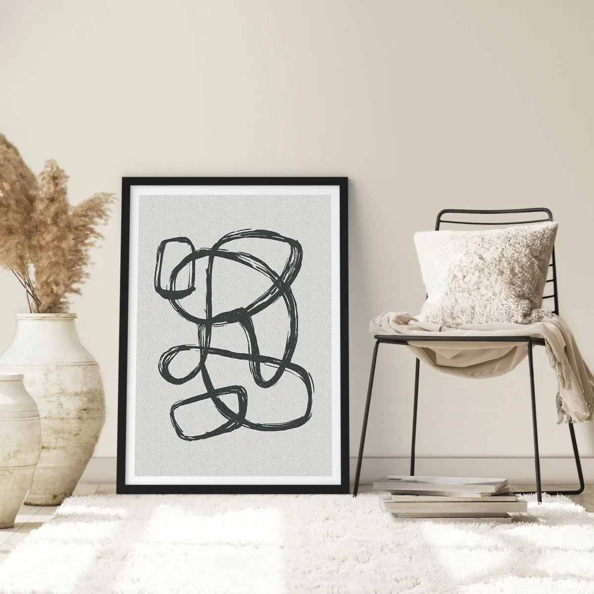 Plakát v černém rámu - Abstraktní černá čára na světlém pozadí - 50x70cm - Abstrakce ve smyčce - Moderní nástěnná dekorace do obývacího pokoje a ložnice ARTTOR