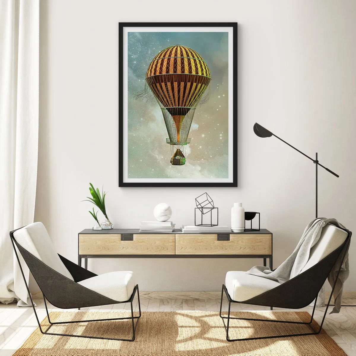 Plakát v černém rámu - Zlatý balón plující ve vesmíru - 50x70cm - Průkopnické lety - Moderní nástěnná dekorace do obývacího pokoje a ložnice ARTTOR