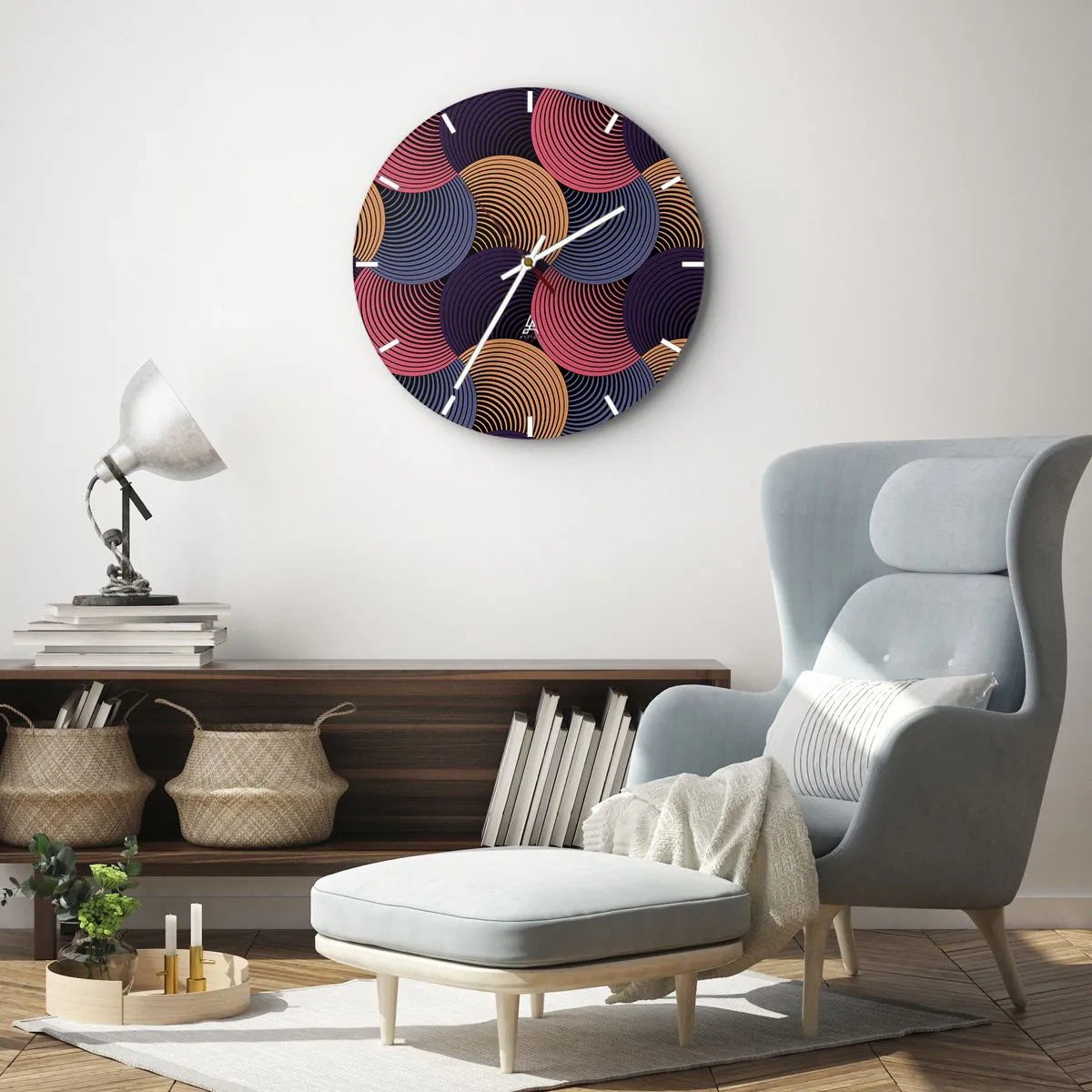 Nástěnné hodiny - Barevné soustředné kruhy v dynamickém uspořádání - 30x30cm - V kruhovém rytmu - Moderní nástěnná dekorace do obývacího pokoje, kuchyně a ložnice ARTTOR