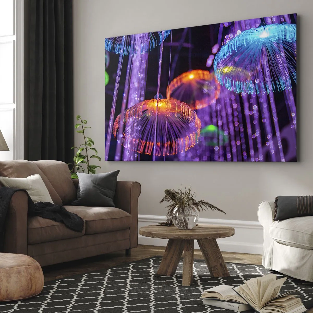 Obraz na plátně - Barevné svítící medúzy v tmavém prostředí - 70x50cm - Světelná fontána - Moderní nástěnná dekorace do obývacího pokoje a ložnice ARTTOR