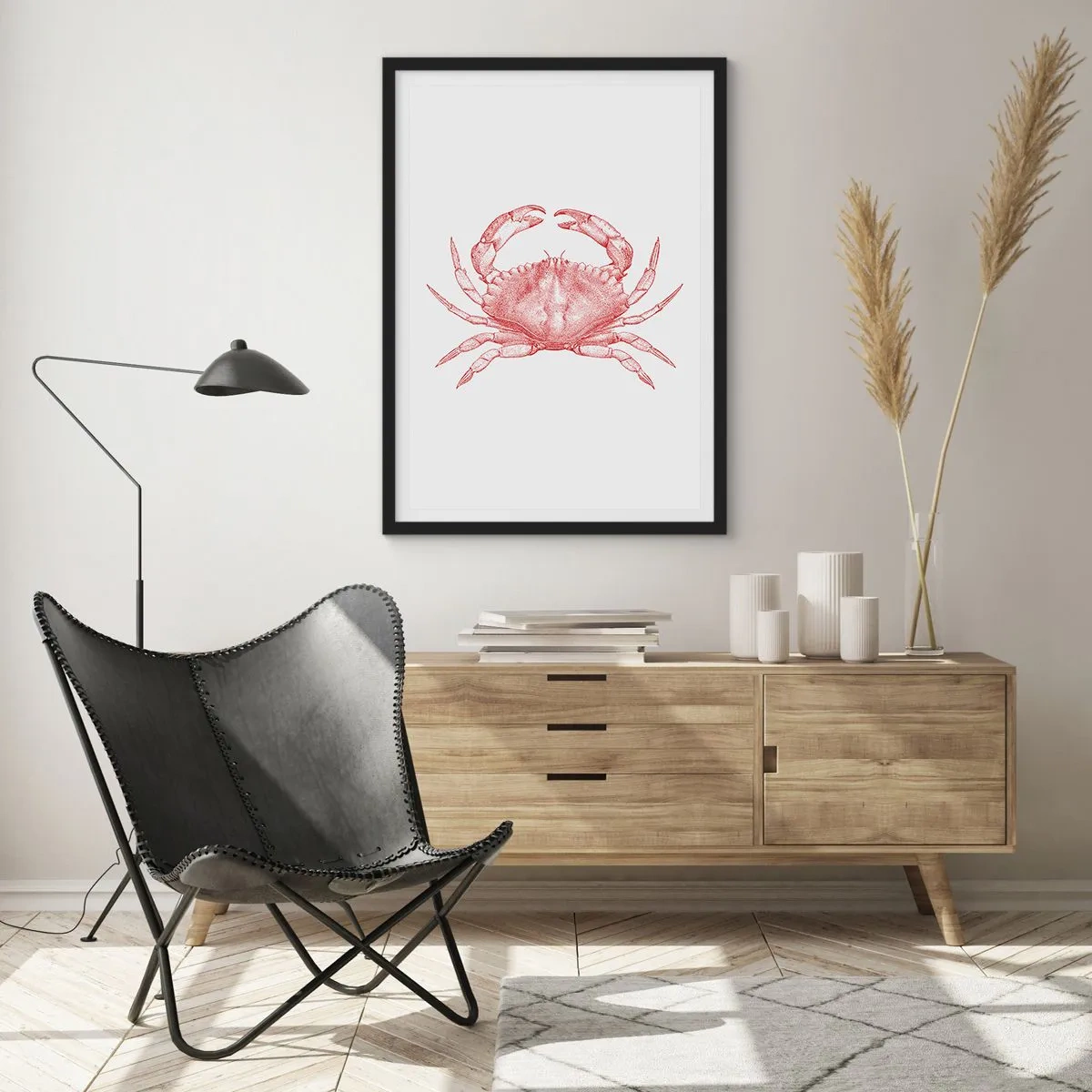 Plakát v černém rámu - Vintage krab kresba na světlém pozadí - 50x70cm - Krab nad kraby - Moderní nástěnná dekorace do obývacího pokoje a ložnice ARTTOR