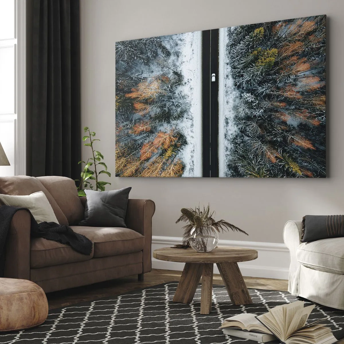 Obraz na plátně - Cesta zimním lesem z ptačí perspektivy - 70x50cm - Přes zimní les - Moderní nástěnná dekorace do obývacího pokoje a ložnice ARTTOR