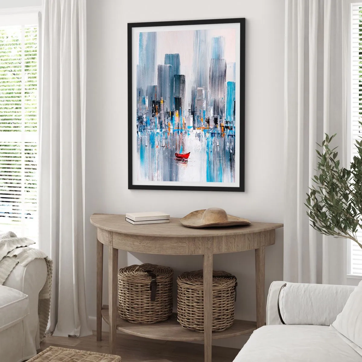 Plakát v černém rámu - Abstraktní obraz zobrazující panorama města nad vodou s červenou lodí. - 50x70cm - Metropole u zálivu - Moderní nástěnná dekorace do obývacího pokoje a ložnice ARTTOR