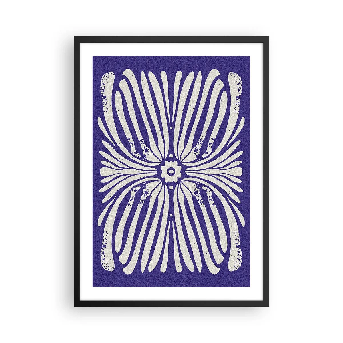 Plakát v černém rámu - Symetrický retro květinový vzor na tmavě modrém pozadí - 50x70cm - Etnické inspirace - Moderní nástěnná dekorace do obývacího pokoje a ložnice ARTTOR