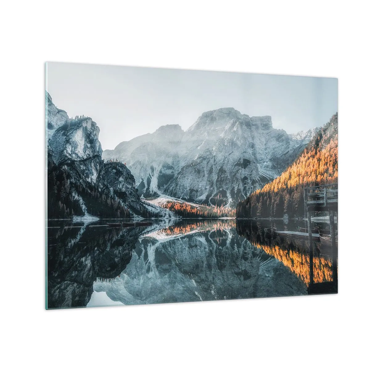 Obraz na skle - Horská krajina odrážející se v klidné hladině jezera - 70x50cm - Zrcadlová krajina - Moderní nástěnná dekorace do obývacího pokoje a ložnice ARTTOR