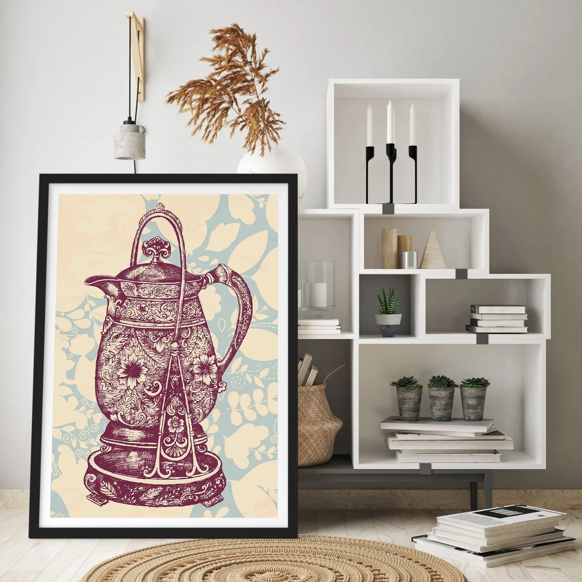 Plakát v černém rámu - Zdobený vintage džbán na dekorativním pozadí - 50x70cm - Krása všedního dne - Moderní nástěnná dekorace do obývacího pokoje a ložnice ARTTOR
