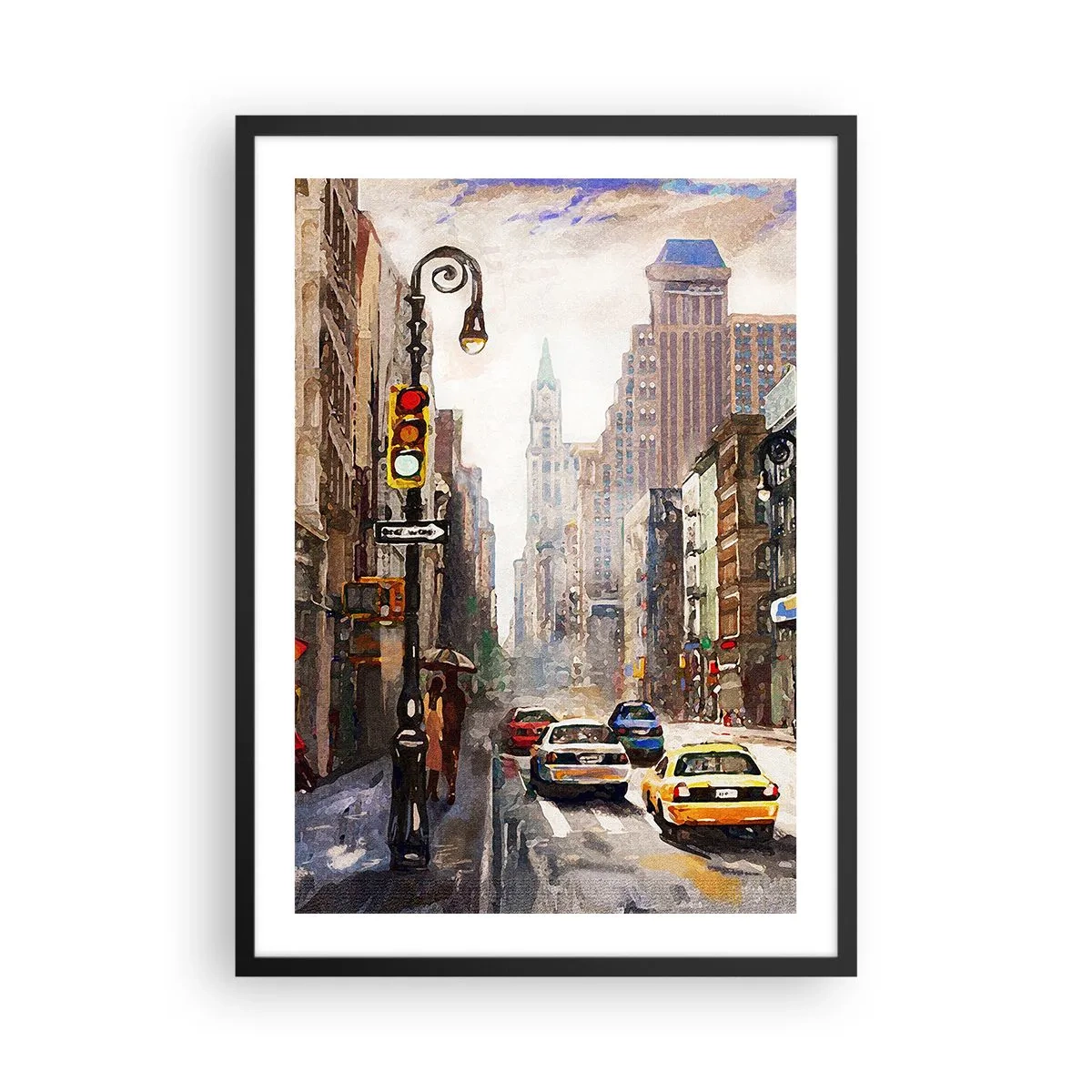 Plakát v černém rámu - Městská ulice s auty a semafory - 50x70cm - New York – barevný i v dešti - Moderní nástěnná dekorace do obývacího pokoje a ložnice ARTTOR