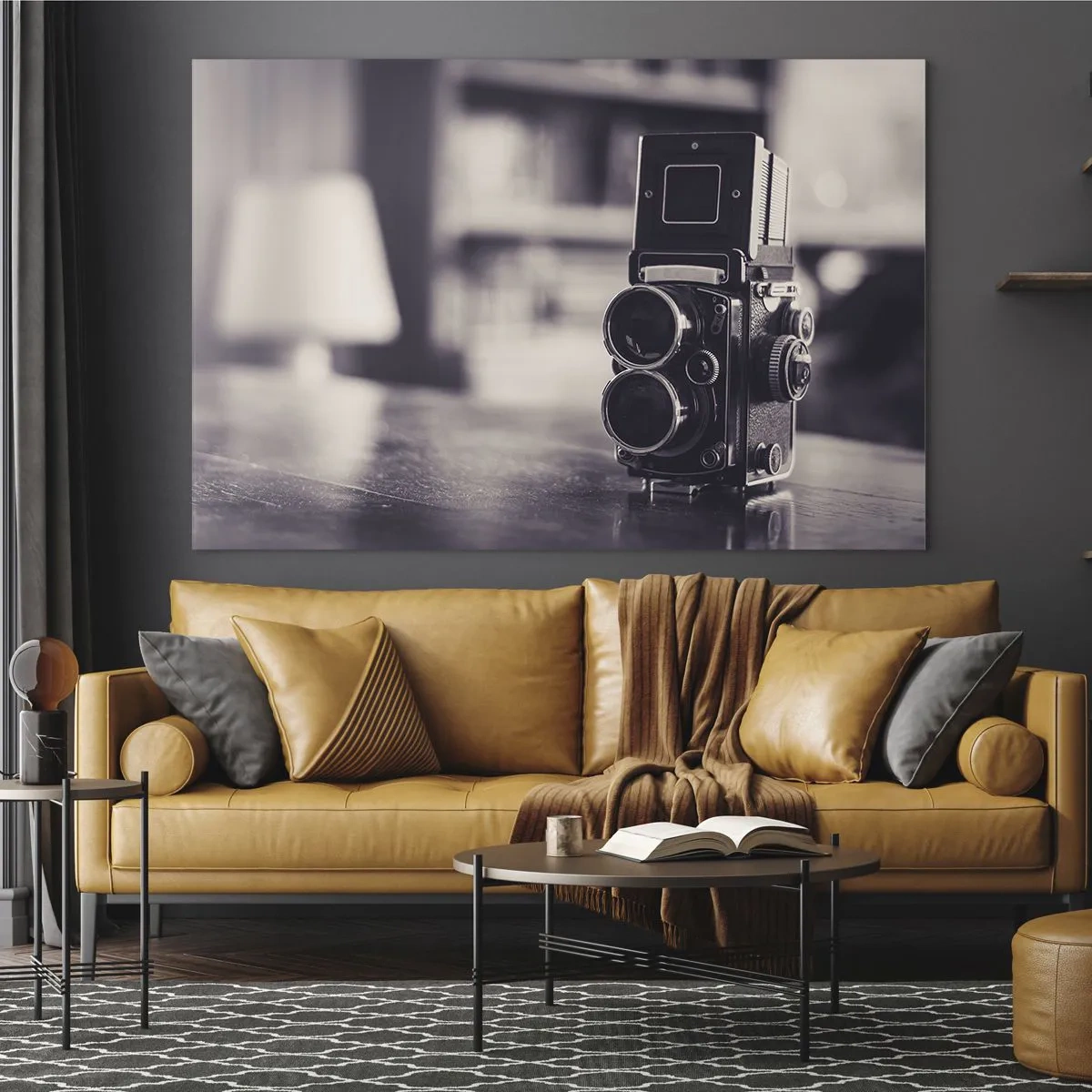 Obraz na skle - Černobílá fotografie starožitného fotoaparátu - 70x50cm - Kouzlo staré fotografie - Moderní nástěnná dekorace do obývacího pokoje a ložnice ARTTOR