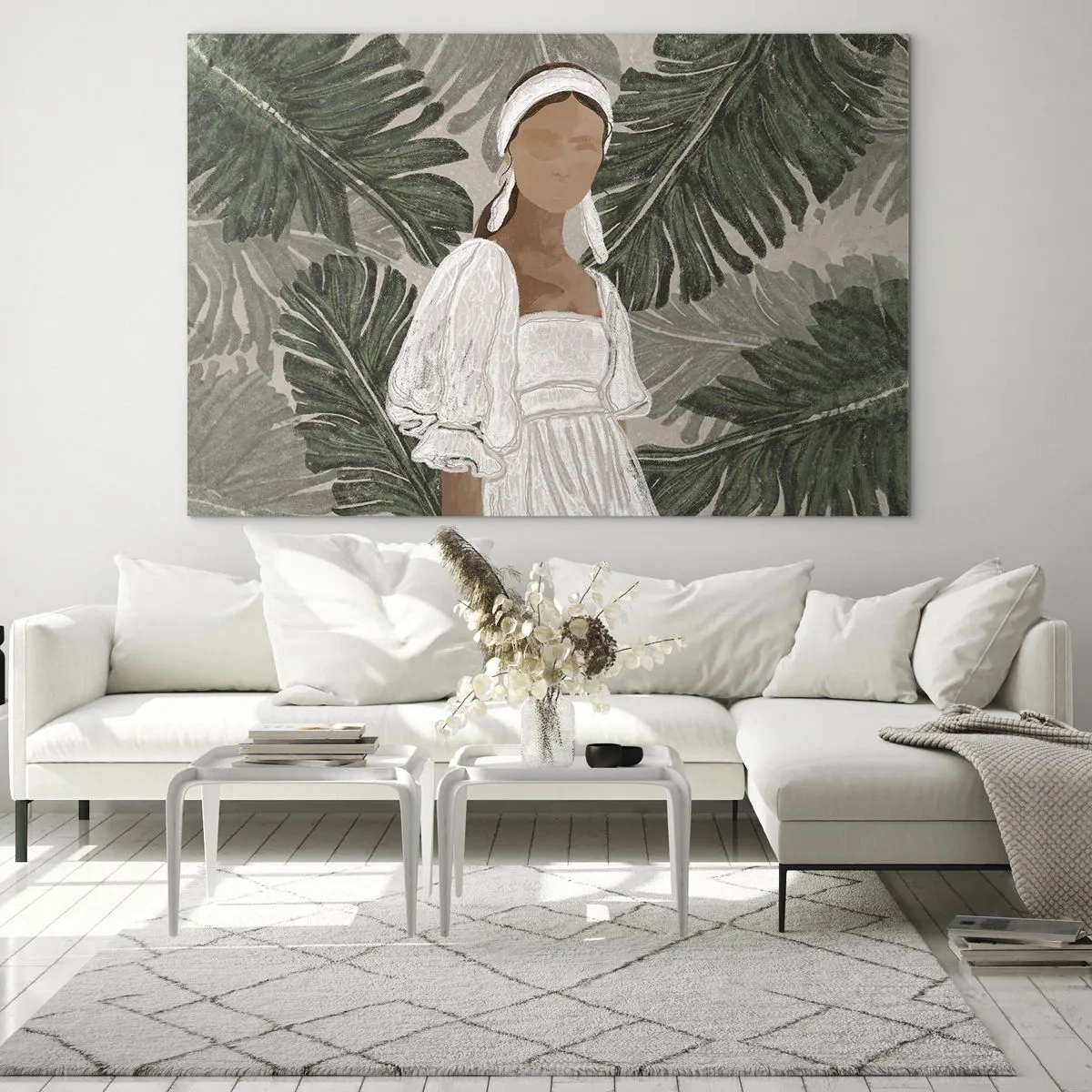 Obraz na skle - Žena v bílých šatech na pozadí zelených tropických listů. - 70x50cm - Exotický portrét - Moderní nástěnná dekorace do obývacího pokoje a ložnice ARTTOR