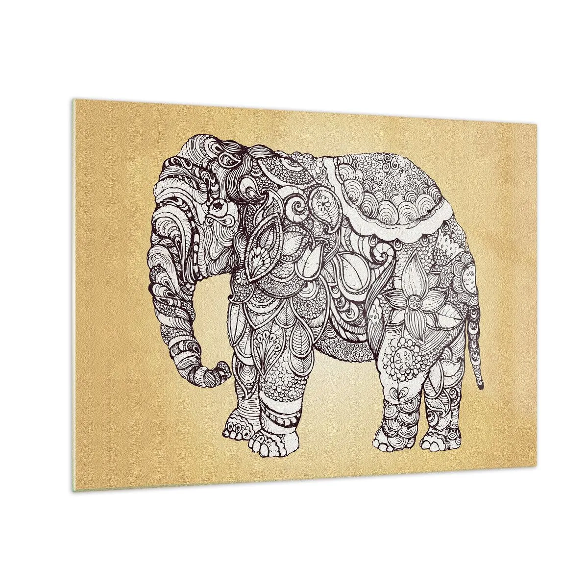 Obraz na skle - Černobílý slon s orientálními vzory na béžovém pozadí - 70x50cm - Skrytý slon - Moderní nástěnná dekorace do obývacího pokoje a ložnice ARTTOR