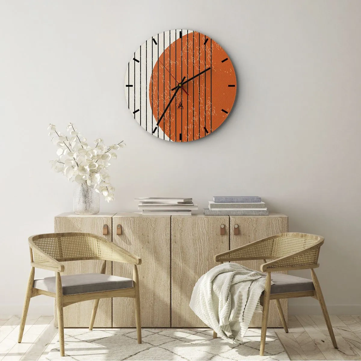 Nástěnné hodiny - Oranžový kruh a černé čáry na béžovém pozadí - 30x30cm - Vždy slunce - Moderní nástěnná dekorace do obývacího pokoje, kuchyně a ložnice ARTTOR