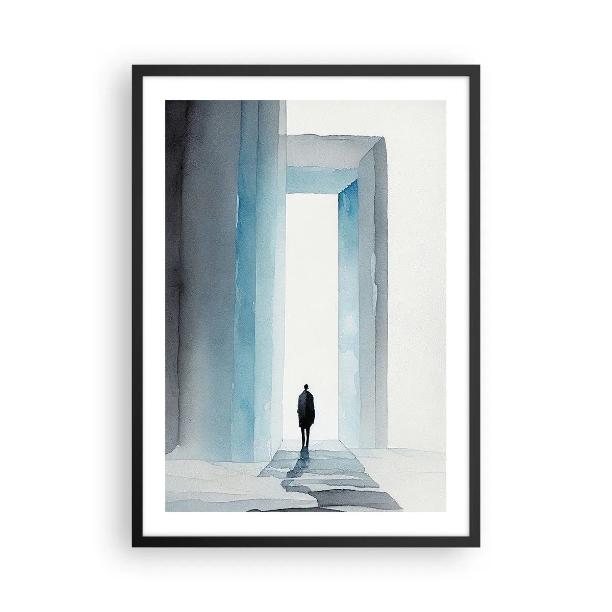 Plakát v černém rámu - Postava procházející modrou branou, symbolizující svobodu a neomezené možnosti - 50x70cm - Žij bez omezení - Moderní nástěnná dekorace do obývacího pokoje a ložnice ARTTOR