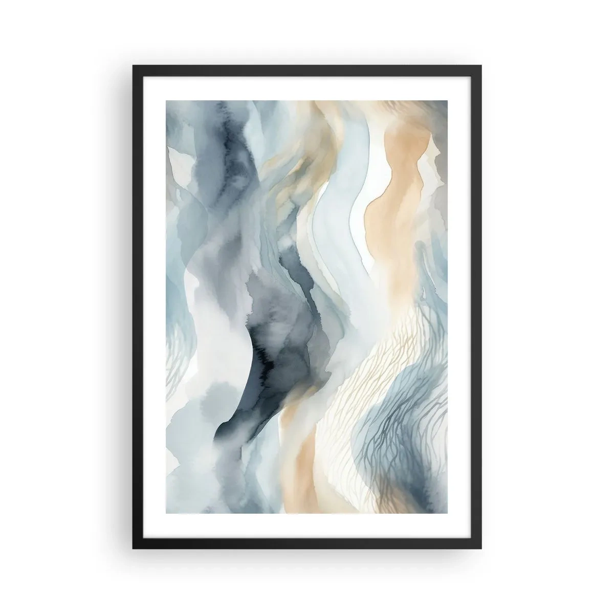 Plakát v černém rámu - Abstraktní vlny v odstínech béžové a tmavě modré - 50x70cm - Abstrakce sněhu a mlhy - Moderní nástěnná dekorace do obývacího pokoje a ložnice ARTTOR