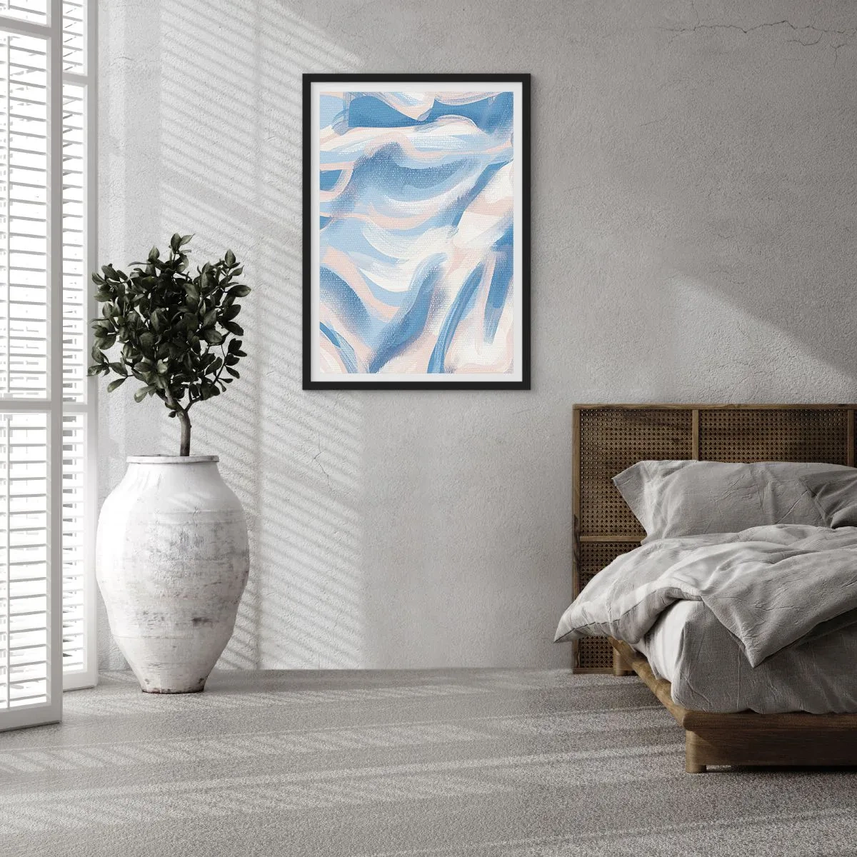 Plakát v černém rámu - Abstraktní vlna v odstínech modré a béžové - 50x70cm - Modré kolísání - Moderní nástěnná dekorace do obývacího pokoje a ložnice ARTTOR