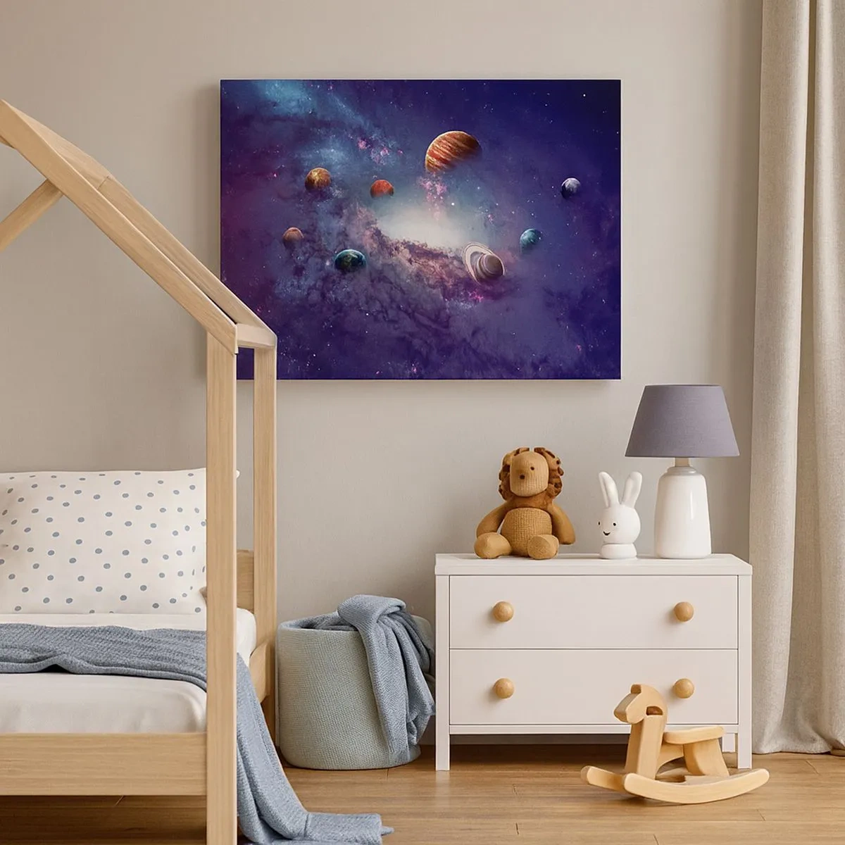 Obraz na plátně - Planety v galaxii s mlhovinou v pozadí - 70x50cm - Slunce a tanec - Moderní nástěnná dekorace do obývacího pokoje a ložnice ARTTOR