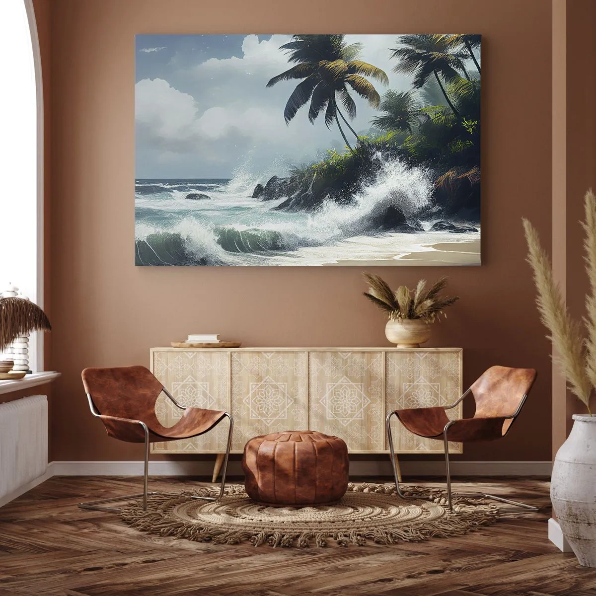 Obraz na plátně - Tropické pobřeží s palmami a rozbouřeným mořem - 70x50cm - Na tropickém pobřeží - Moderní nástěnná dekorace do obývacího pokoje a ložnice ARTTOR