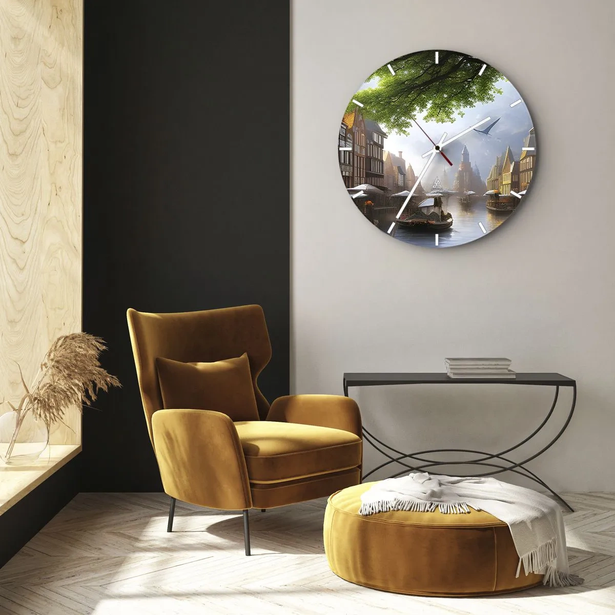 Nástěnné hodiny - Vodní kanál s loděmi a historickými činžovními domy - 30x30cm - Nizozemská městská krajinka - Moderní nástěnná dekorace do obývacího pokoje, kuchyně a ložnice ARTTOR