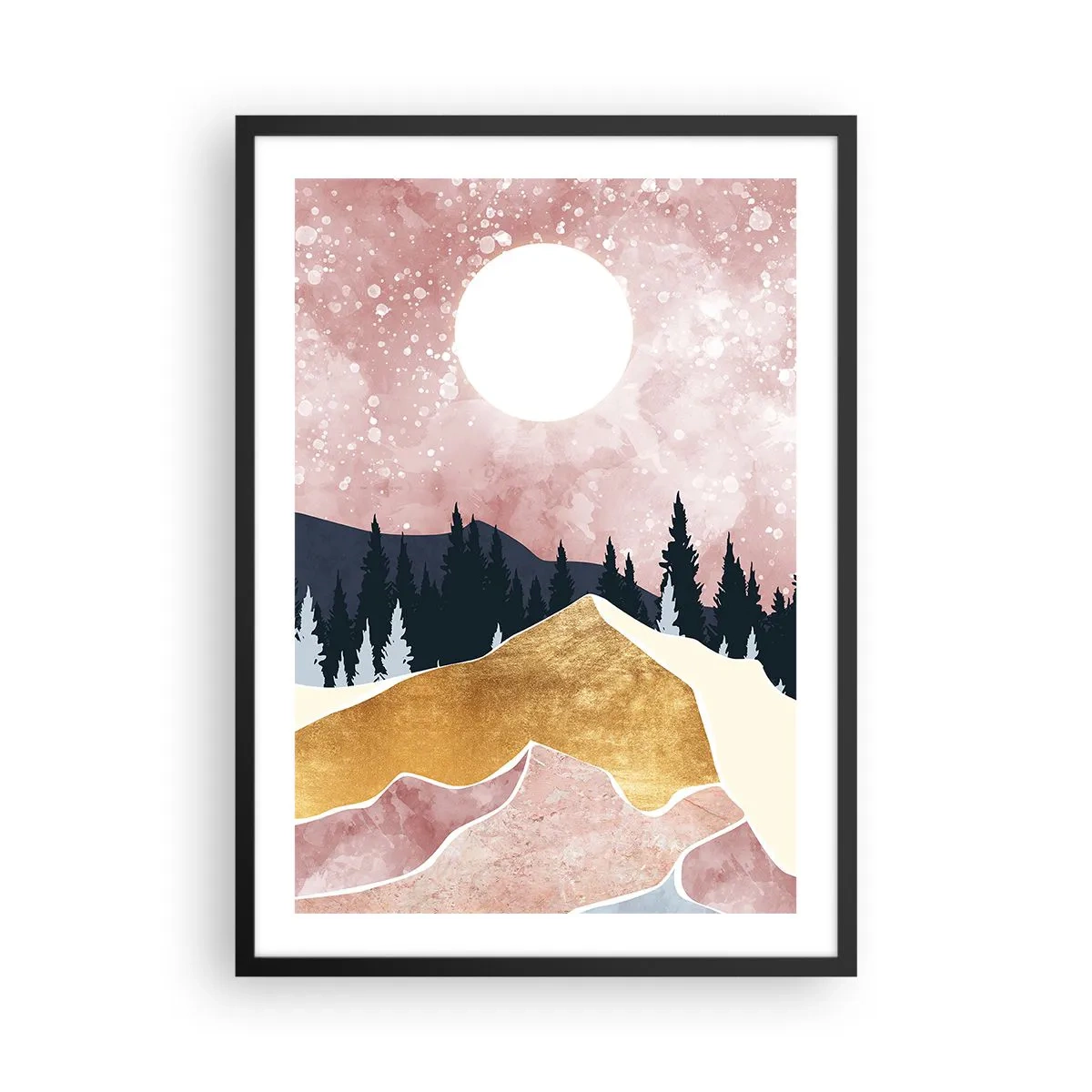 Plakát v černém rámu - Abstraktní krajina s lesem, horami a zlatými akcenty - 50x70cm - Noční hlídka - Moderní nástěnná dekorace do obývacího pokoje a ložnice ARTTOR