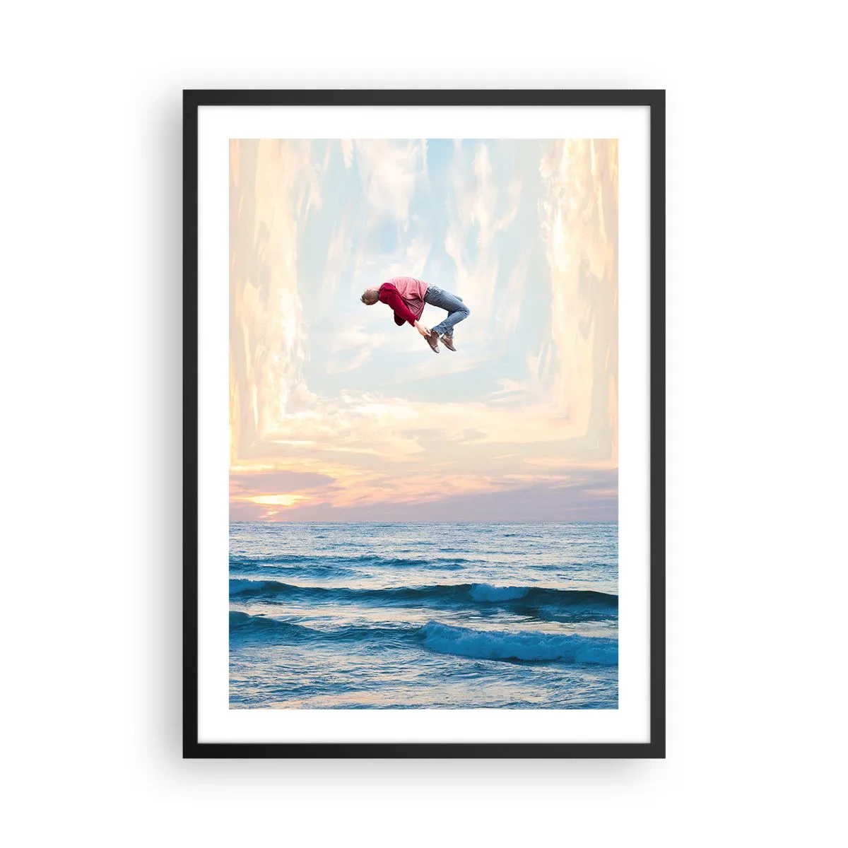 Plakát v černém rámu - Muž skáče do nebe nad oceánem při západu slunce - 50x70cm - Do jiné dimenze - Moderní nástěnná dekorace do obývacího pokoje a ložnice ARTTOR