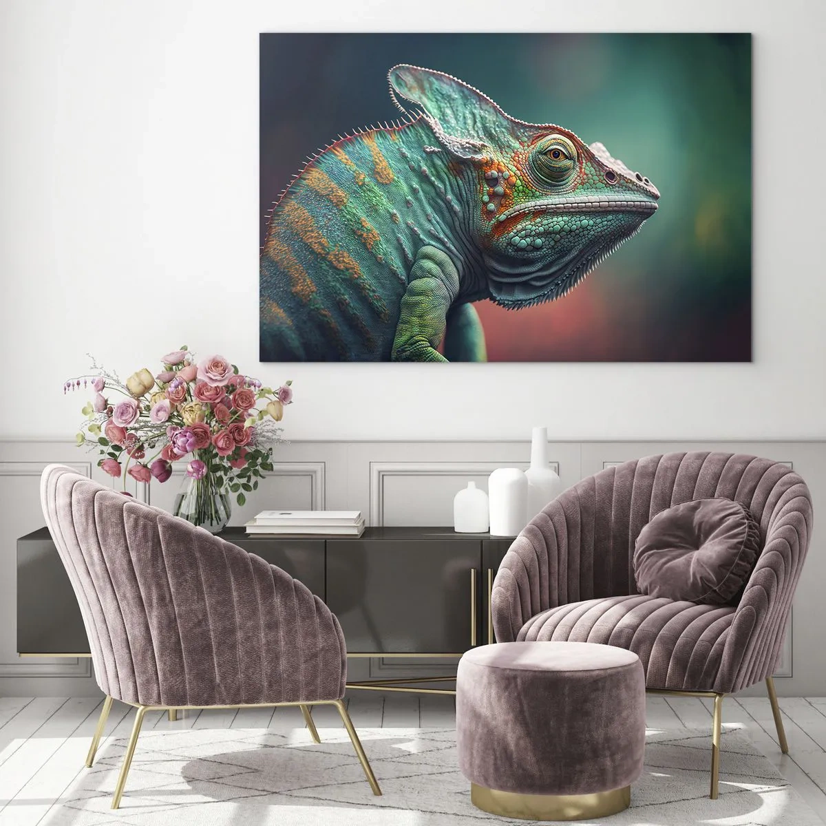 Obraz na skle - Barevný chameleon na rozmazaném pozadí v intenzivním světle. - 70x50cm - Vidíš mě? To není dobré… - Moderní nástěnná dekorace do obývacího pokoje a ložnice ARTTOR