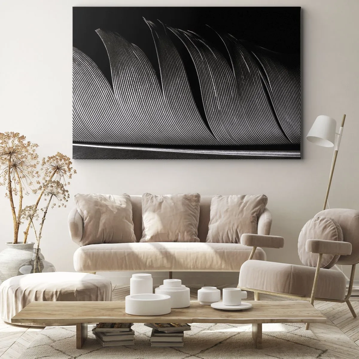 Obraz na plátně - Černobílá textura peří v minimalistickém stylu - 70x50cm - Peří – nádherná konstrukce - Moderní nástěnná dekorace do obývacího pokoje a ložnice ARTTOR