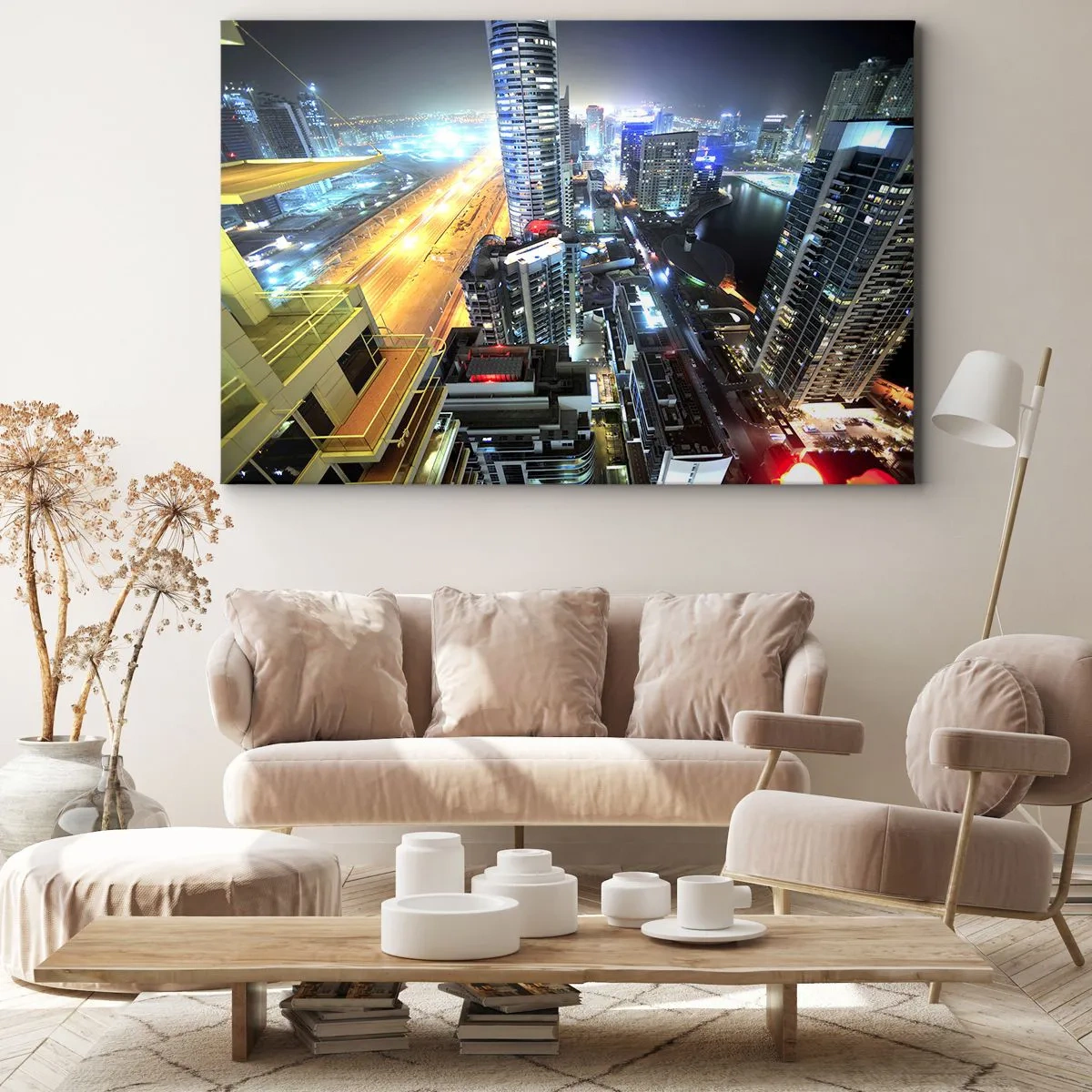 Obraz na plátně - Panorama nočního města s osvětlenými mrakodrapy - 70x50cm - Zázrak na poušti - Moderní nástěnná dekorace do obývacího pokoje a ložnice ARTTOR