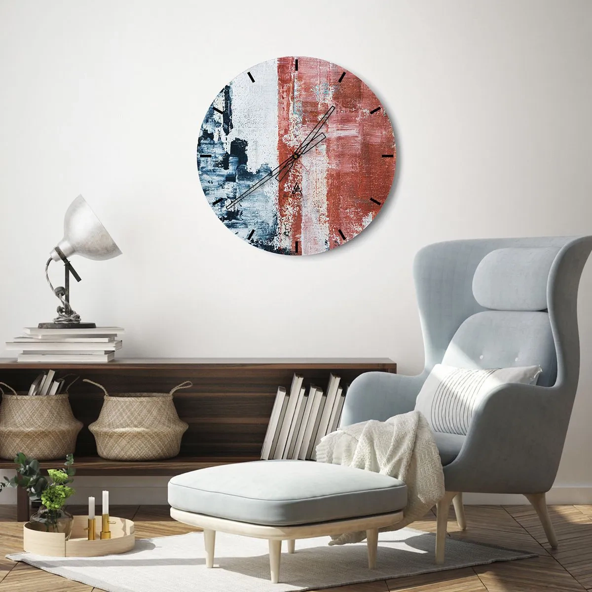 Nástěnné hodiny - Abstraktní kompozice v odstínech modré a červené - 30x30cm - Abstraktní půl na půl - Moderní nástěnná dekorace do obývacího pokoje, kuchyně a ložnice ARTTOR