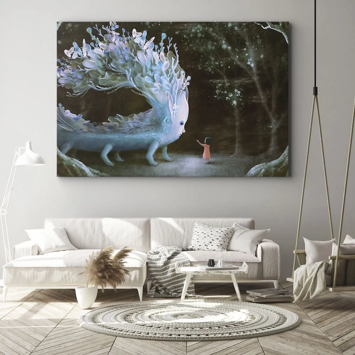 Obraz na plátně - Postava dívky tváří v tvář fantastickému tvorovi - 70x50cm - Fantastické setkání - Moderní nástěnná dekorace do obývacího pokoje a ložnice ARTTOR