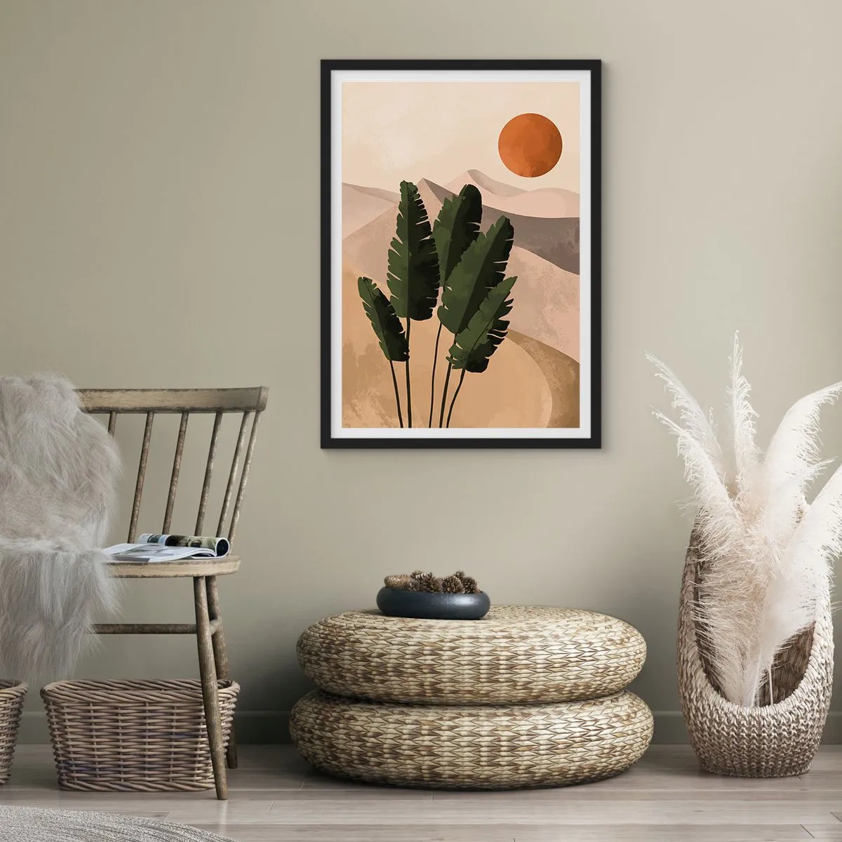 Plakát v černém rámu - Rostliny v pouštním prostředí se zapadajícím sluncem, abstraktní krajina - 50x70cm - Triumf života - Moderní nástěnná dekorace do obývacího pokoje a ložnice ARTTOR