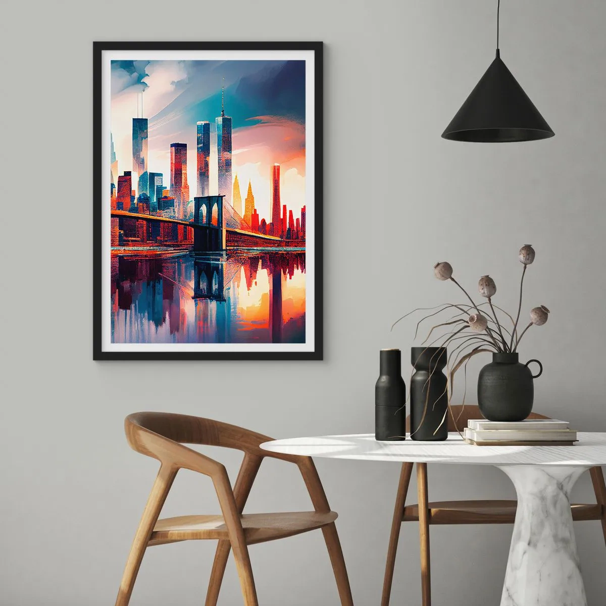Plakát v černém rámu - Panorama města s mostem a odrazem ve vodě - 50x70cm - Famózní New York - Moderní nástěnná dekorace do obývacího pokoje a ložnice ARTTOR