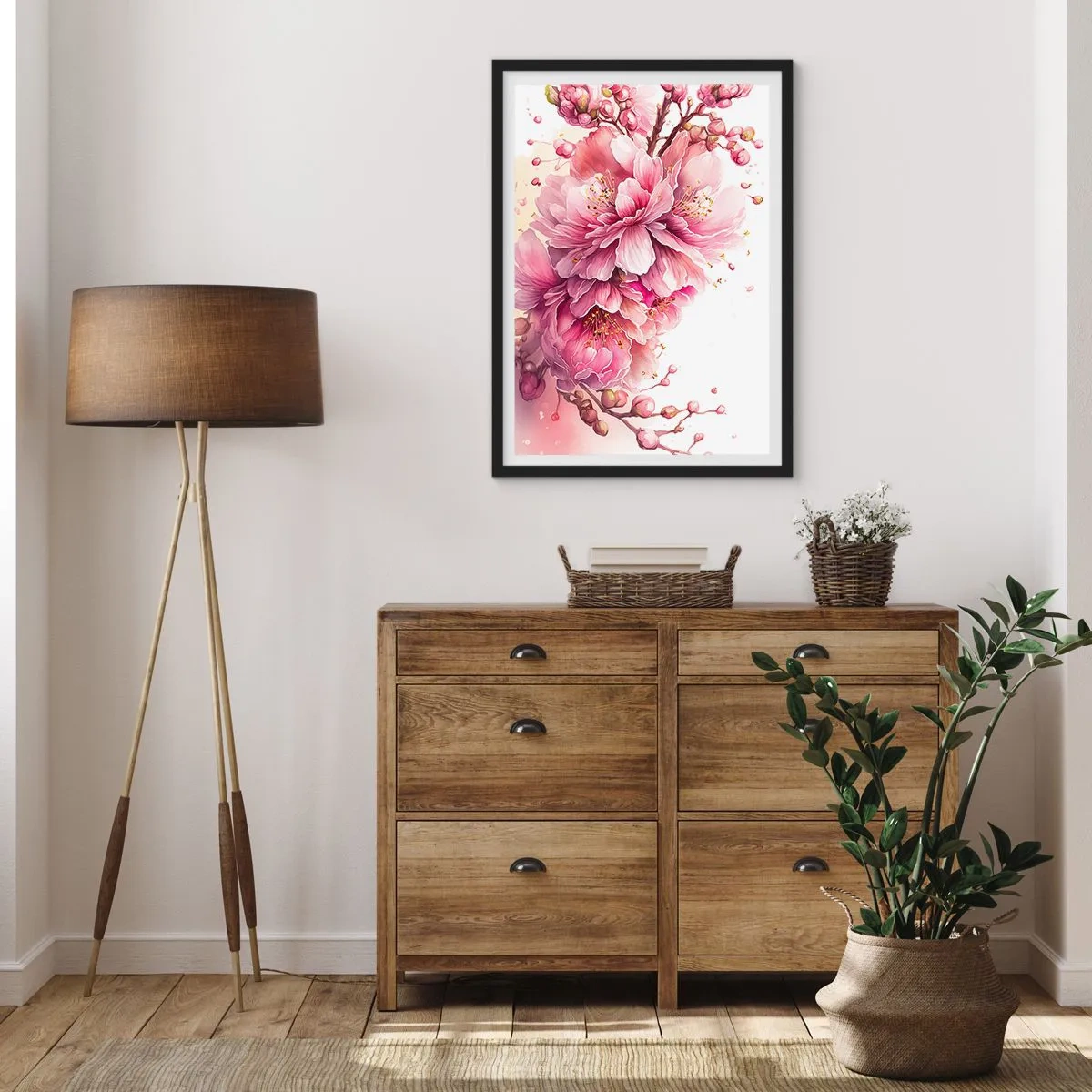 Plakát v černém rámu - Jemné růžové třešňové květy v plném květu na světlém pozadí - 50x70cm - Květ kvetoucí třešně - Moderní nástěnná dekorace do obývacího pokoje a ložnice ARTTOR