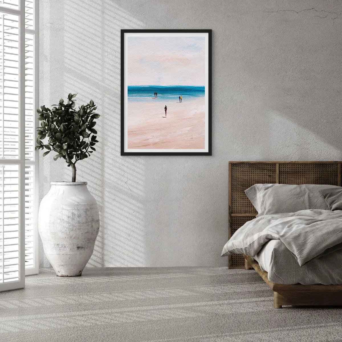 Plakát v černém rámu - Minimalistická plážová scéna - 50x70cm - Přirozená potřeba - Moderní nástěnná dekorace do obývacího pokoje a ložnice ARTTOR