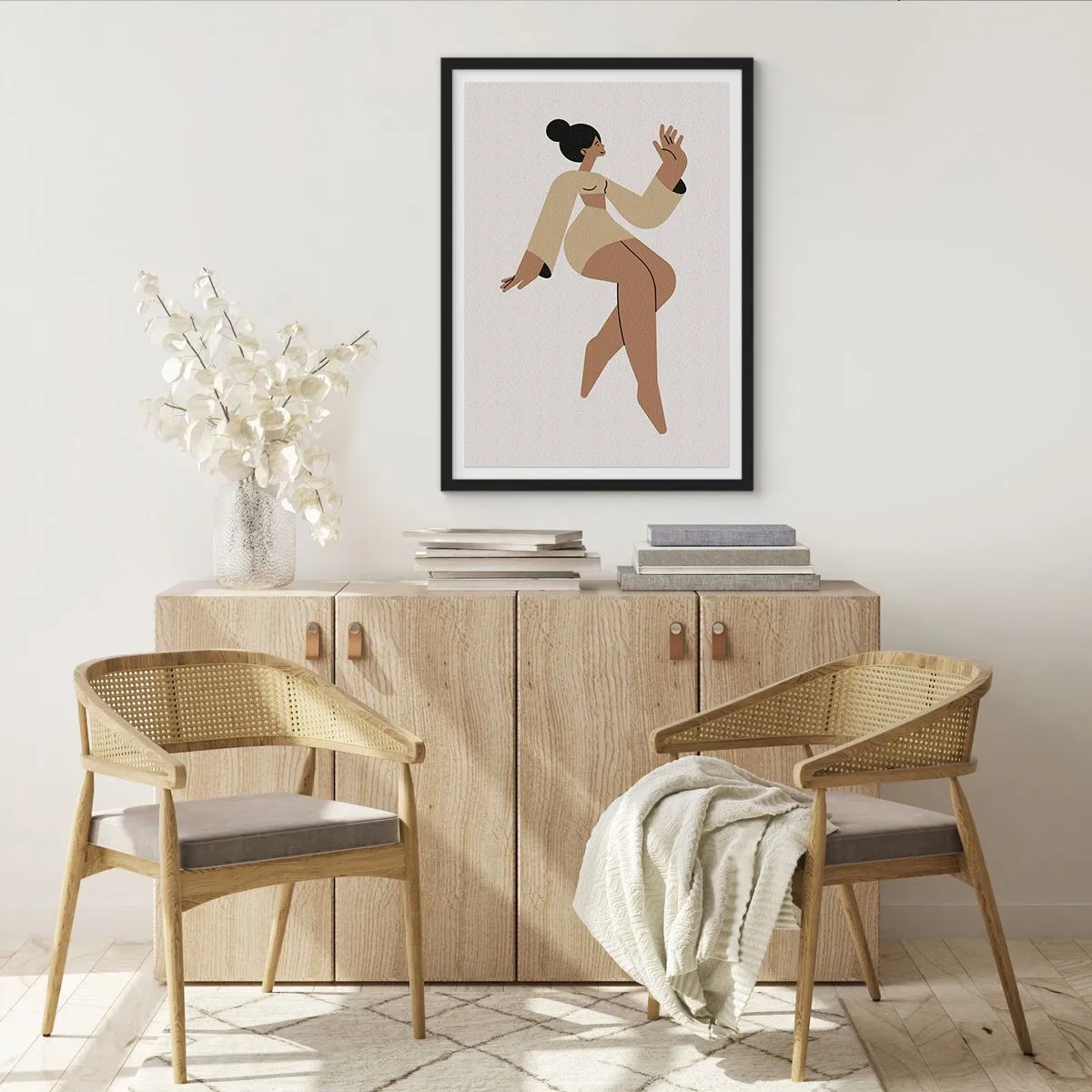 Plakát v černém rámu - Minimalistická ilustrace ženské postavy v pohybu. - 50x70cm - Tvar půvabu - Moderní nástěnná dekorace do obývacího pokoje a ložnice ARTTOR