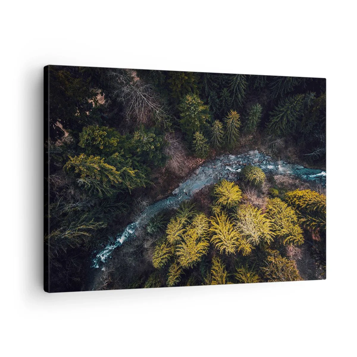 Obraz na plátně - Pohled shora na les s klikatou řekou - 70x50cm - Rychle, stále rychleji - Moderní nástěnná dekorace do obývacího pokoje a ložnice ARTTOR