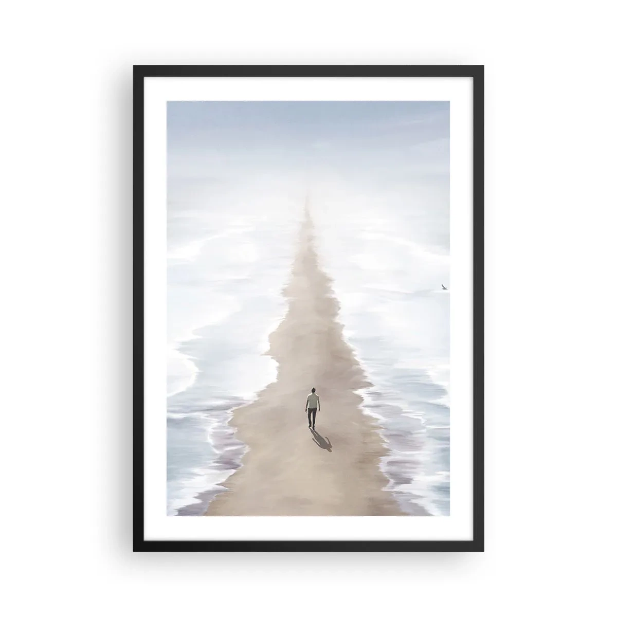 Plakát v černém rámu - Postava kráčí sama po cestě mezi klidnými vodami. - 50x70cm - Světlá budoucnost - Moderní nástěnná dekorace do obývacího pokoje a ložnice ARTTOR