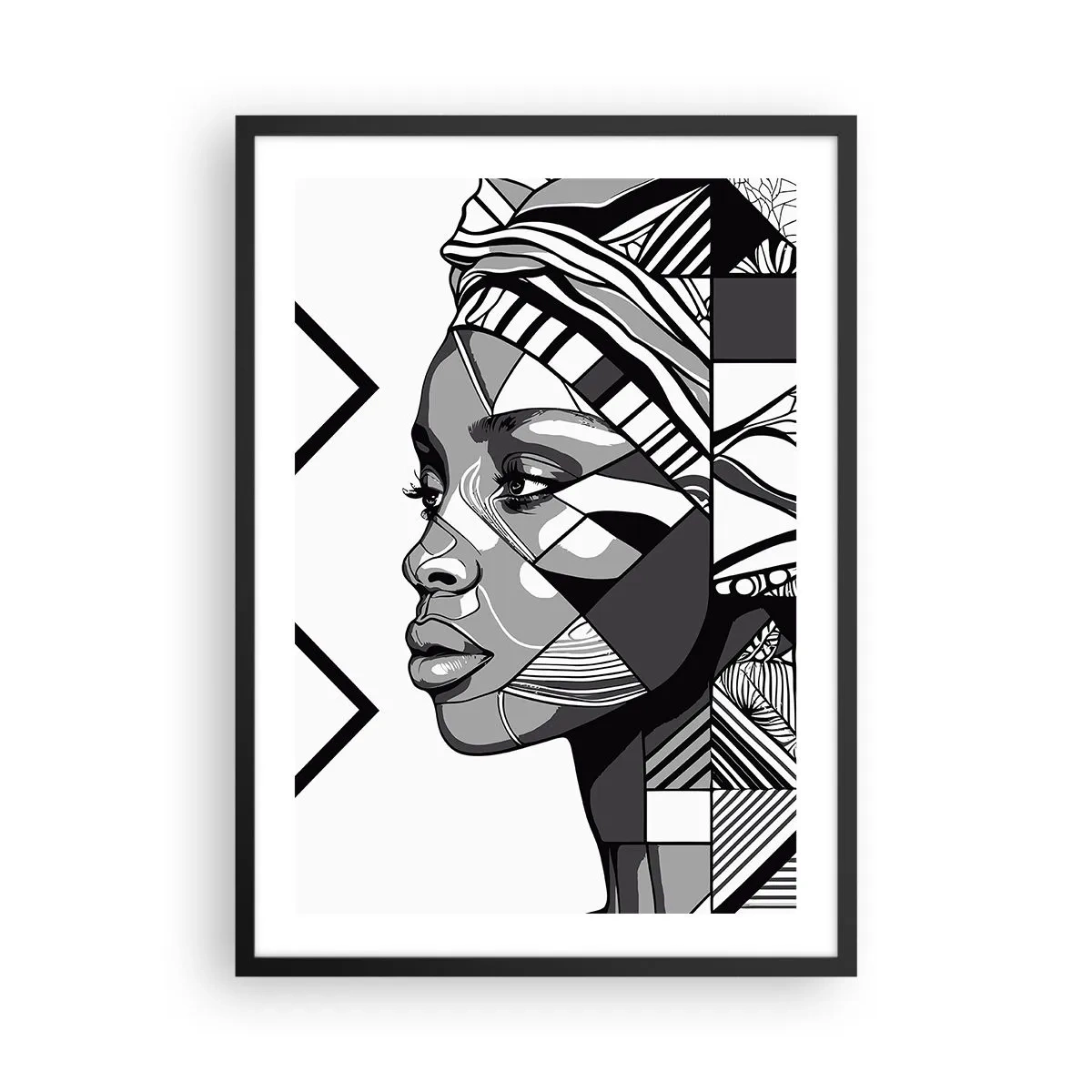 Plakát v černém rámu - Geometrický portrét ženy v černé a bílé - 50x70cm - Etnický portrét - Moderní nástěnná dekorace do obývacího pokoje a ložnice ARTTOR