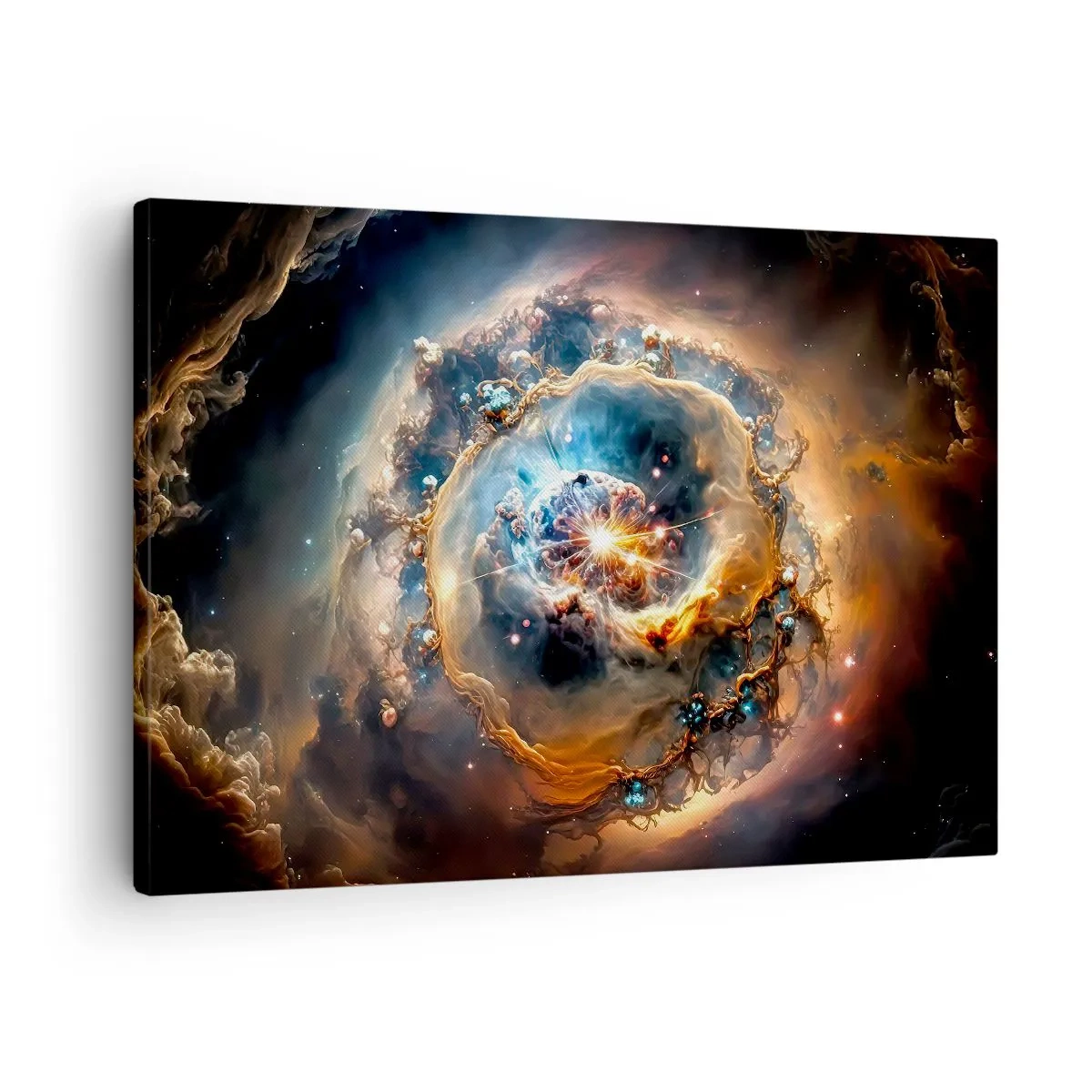 Obraz na plátně - Abstraktní vize kosmické exploze v odstínech zlaté a modré. - 70x50cm - Začátek - Moderní nástěnná dekorace do obývacího pokoje a ložnice ARTTOR