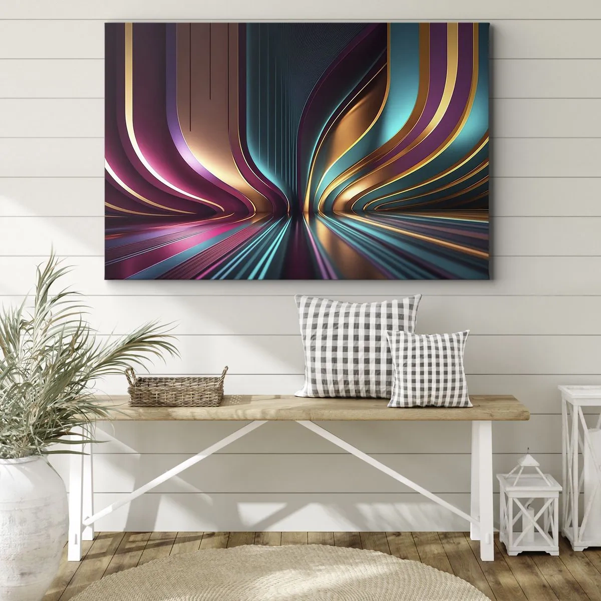 Obraz na plátně - Futuristická abstrakce s intenzivními barvami a křivkami - 70x50cm - Architektura světla - Moderní nástěnná dekorace do obývacího pokoje a ložnice ARTTOR