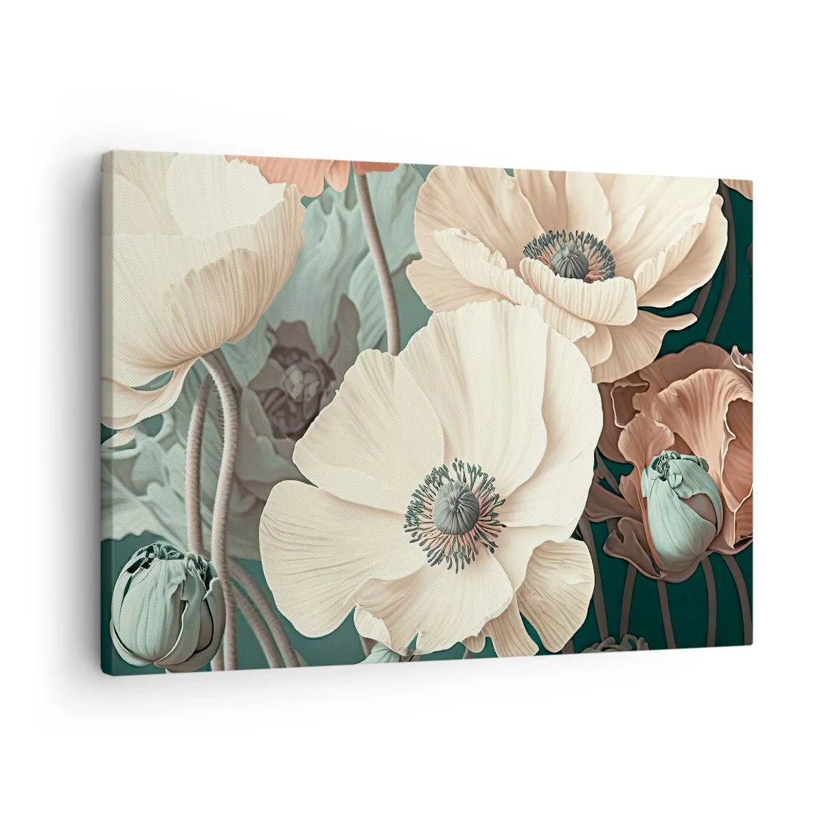 Obraz na plátně - Elegantní květiny v pastelových odstínech na zeleném pozadí - 70x50cm - Šepot máků - Moderní nástěnná dekorace do obývacího pokoje a ložnice ARTTOR