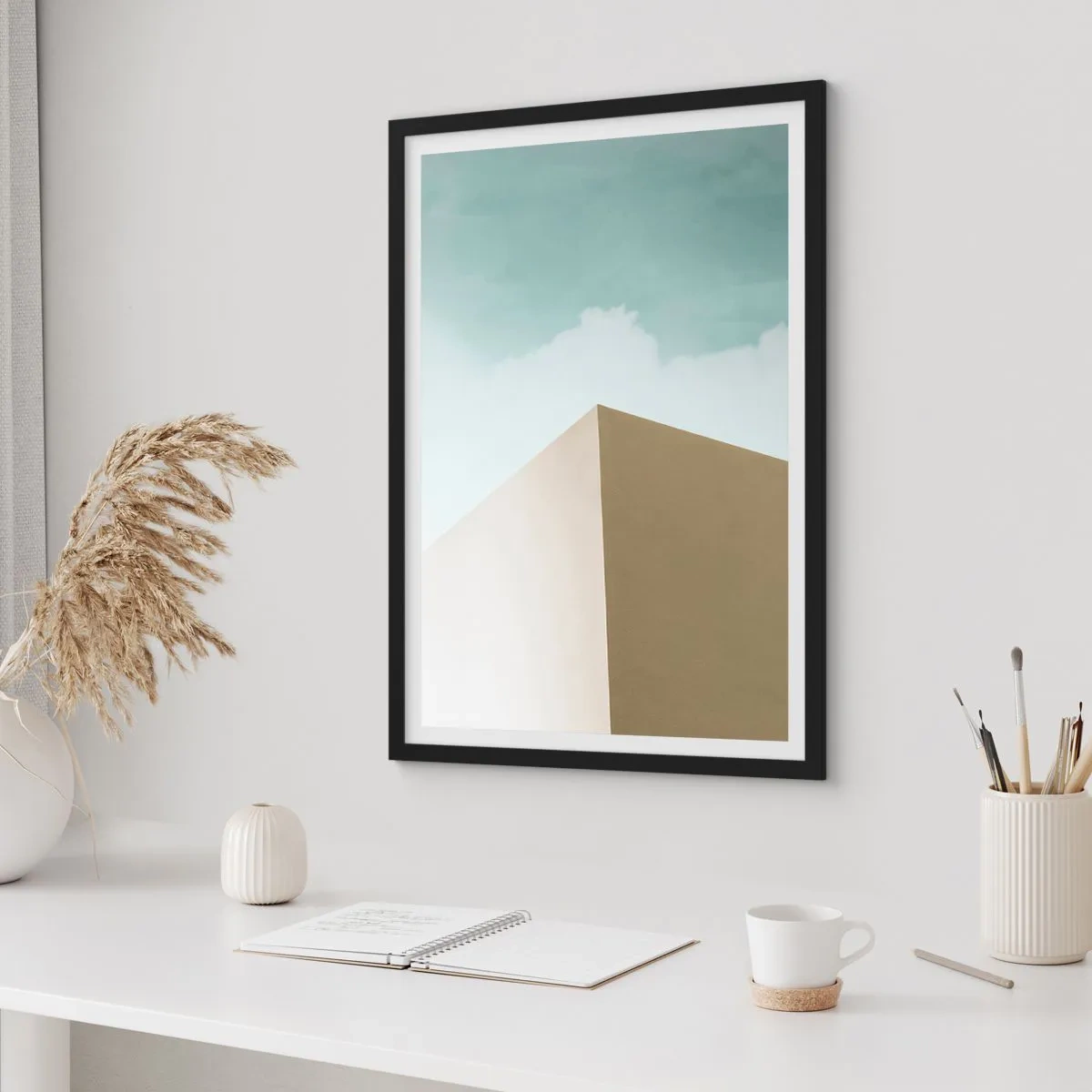 Plakát v černém rámu - Minimalistická budova s jemnou oblohou - 50x70cm - Geometrie slunečného léta - Moderní nástěnná dekorace do obývacího pokoje a ložnice ARTTOR
