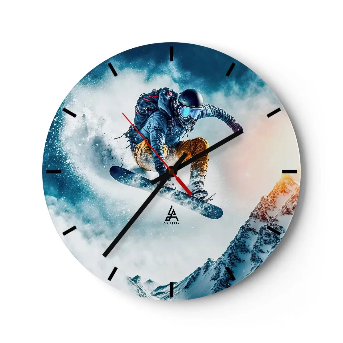 Nástěnné hodiny - Snowboardista za letu na pozadí hor a sněhové bouře - 30x30cm - Extrémní emoce - Moderní nástěnná dekorace do obývacího pokoje, kuchyně a ložnice ARTTOR