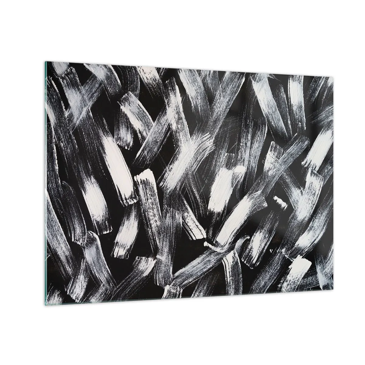 Obraz na skle - Černobílá abstrakce tahů štětcem na tmavém pozadí - 70x50cm - Abstrakce v industriálním duchu - Moderní nástěnná dekorace do obývacího pokoje a ložnice ARTTOR