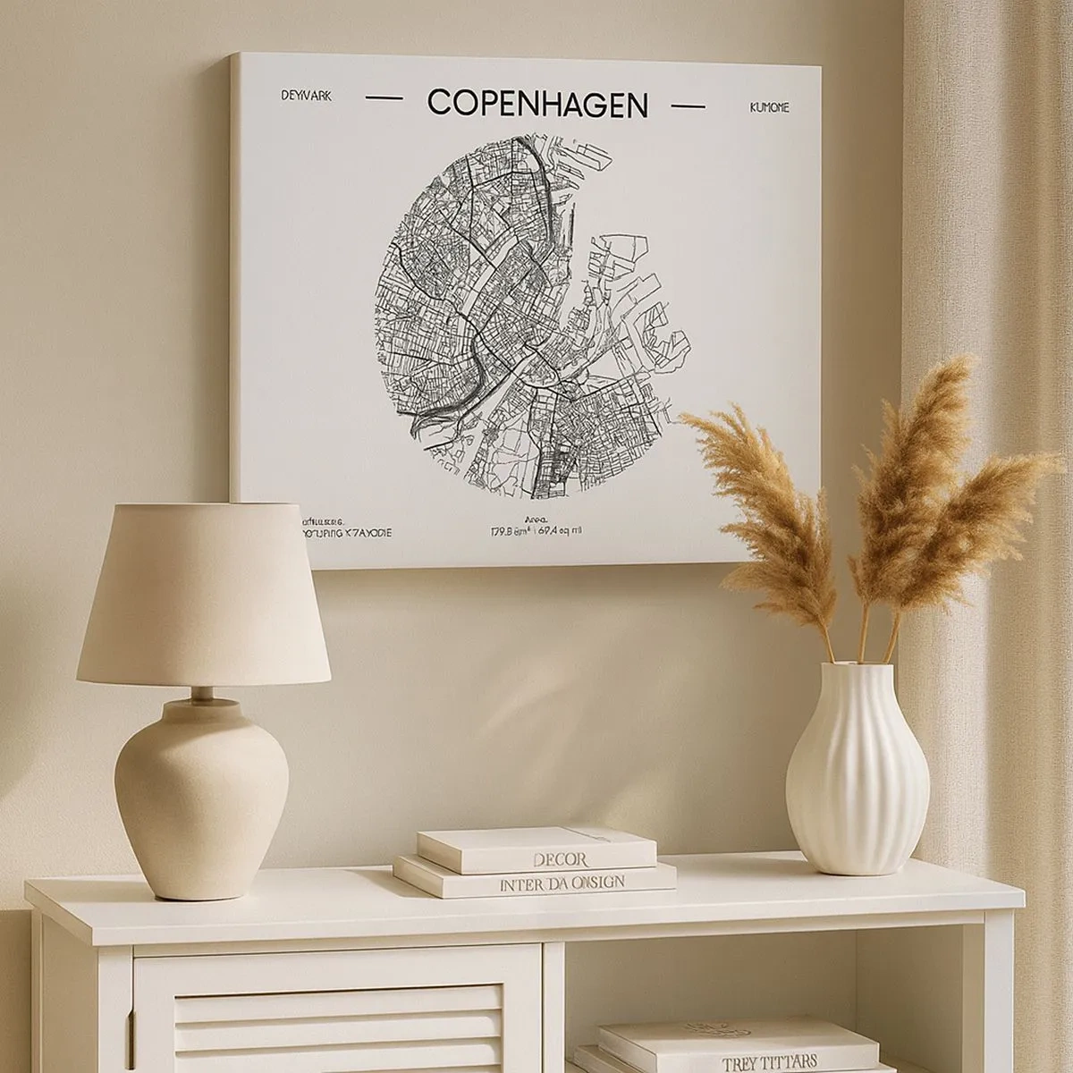 Obraz na plátně - Mapa Kodaně v minimalistickém černobílém stylu. - 70x50cm - Anatomie Kodaně - Moderní nástěnná dekorace do obývacího pokoje a ložnice ARTTOR