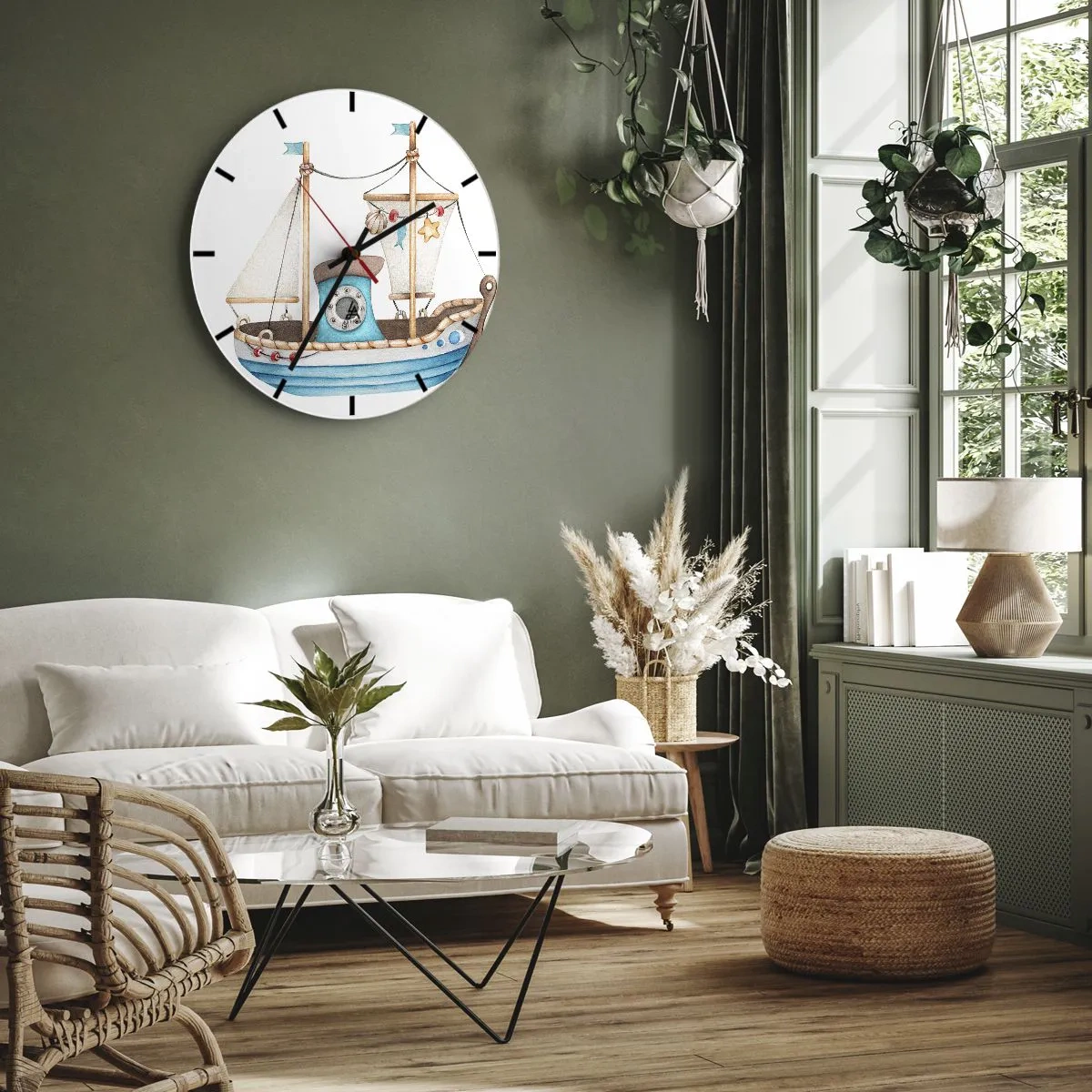 Nástěnné hodiny - Ilustrovaná dětská plachetnice s námořnickými dekoracemi - 30x30cm - Ahoj, dobrodružství! - Moderní nástěnná dekorace do obývacího pokoje, kuchyně a ložnice ARTTOR
