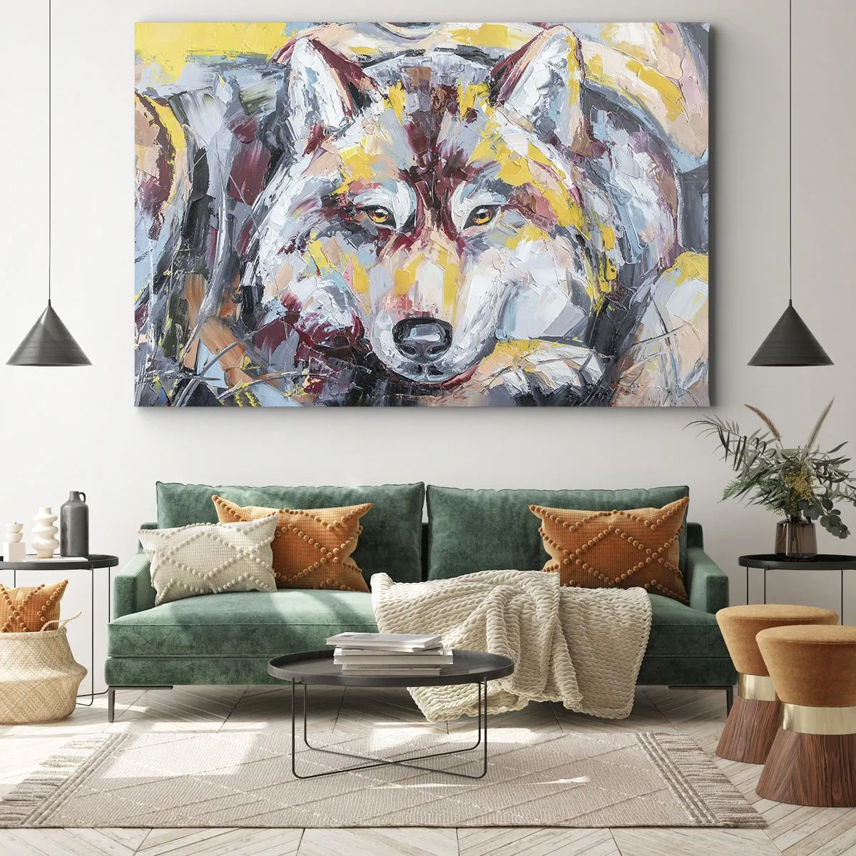 Obraz na plátně - Umělecký portrét vlka v intenzivních barvách - 70x50cm - Klid mezi blízkými - Moderní nástěnná dekorace do obývacího pokoje a ložnice ARTTOR