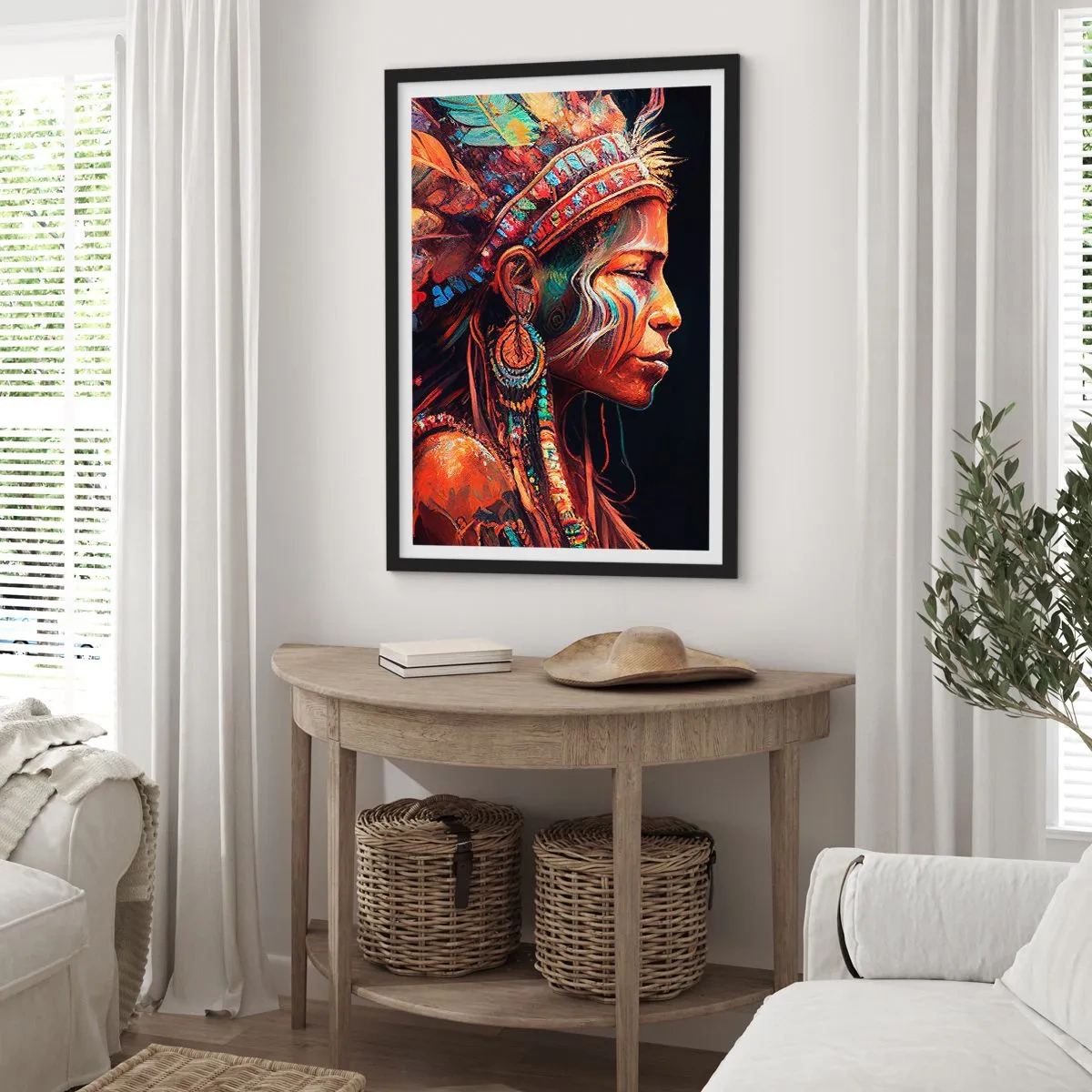 Plakát v černém rámu - Portrét ženy v tradiční péřové čelence - 50x70cm - Magický rituál - Moderní nástěnná dekorace do obývacího pokoje a ložnice ARTTOR